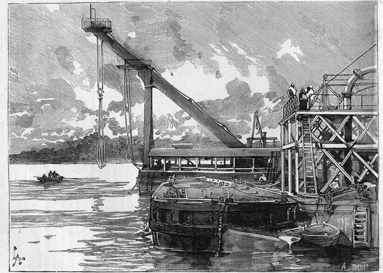 Panaman kanava toimii. Pääkoneet: Bigue-ponttoni. Kaiverrus "" Le Monde Illustré" -kirjassa tekijältä Unknown artist