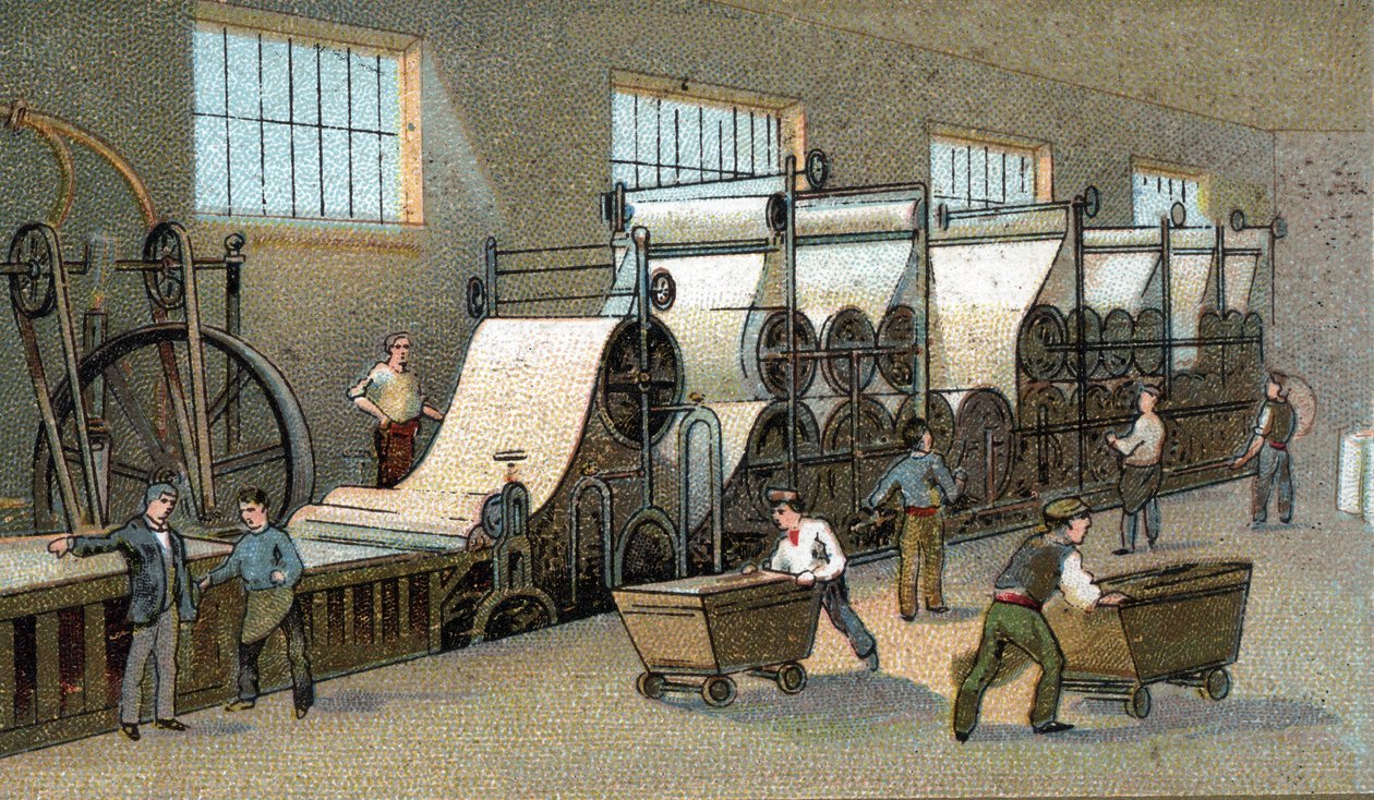 Paperintuotanto 1800-luvulla Ranskassa. 1800-luvun lopun kromolitografia tekijältä Unknown artist