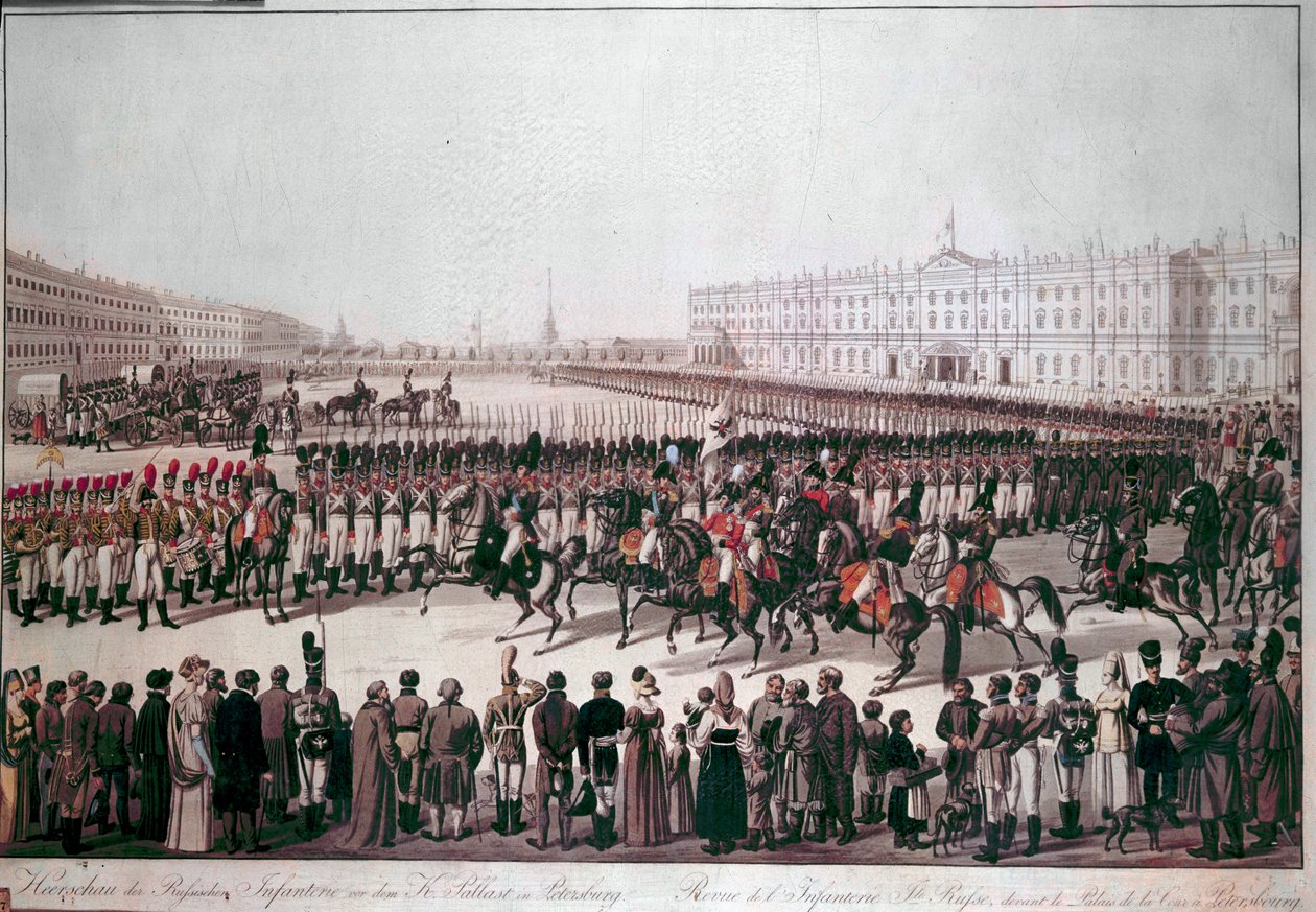 Venäjän jalkaväen paraati. Printtejä 1800-luvun alusta. tekijältä Unknown artist