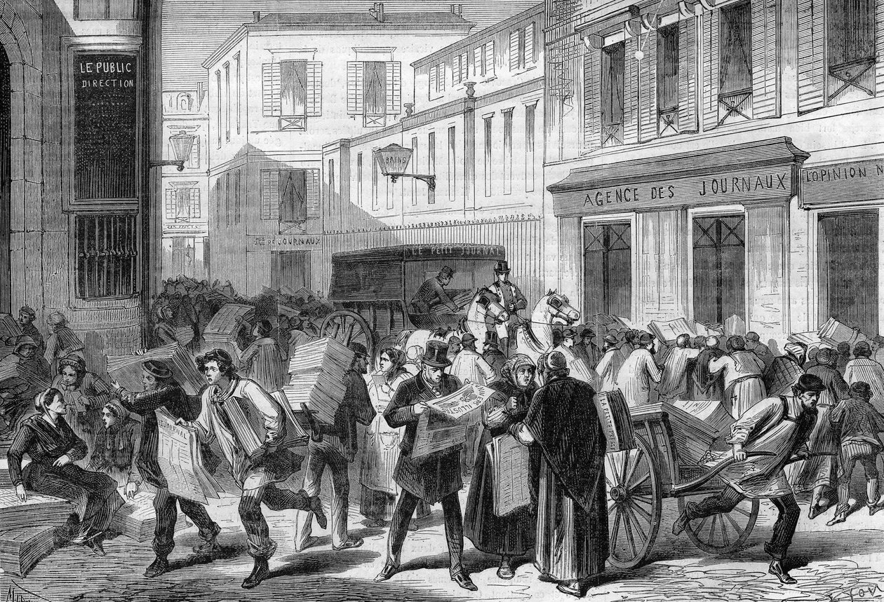 Pariisi 1869: sanomalehtisali, rue du croissant. tekijältä Unknown artist
