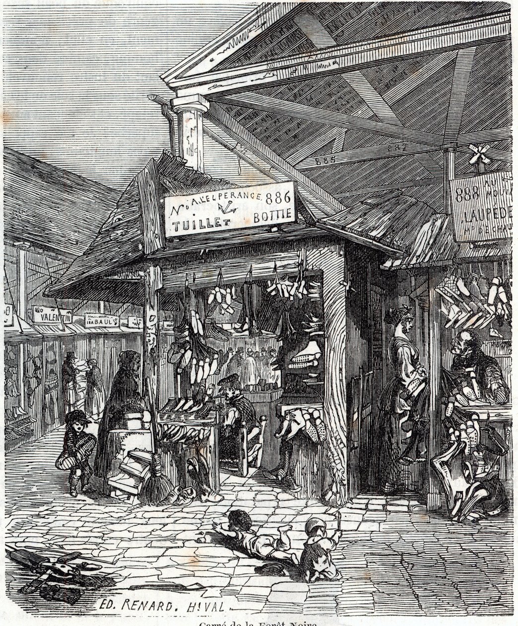 Pariisin 3. kaupunginosa - Carre de la Foret-Noire: nahan ja kenkien myynti Le Carreau du Templessä 1800-luvulla - Edmond Texierin kaiverrus "" Tableau-de-Paris" -kirjaan tekijältä Unknown artist