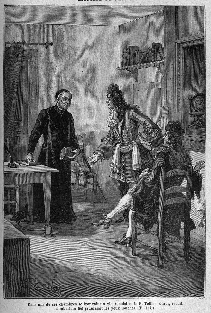 Pariisi, jesuiittaluostari (nykyisin Charlemagne College): Pere Michel Le Tellier (1643-1719), Ranskan kuninkaan Ludvig XIV:n jesuiittatunnustaja. Kaiverrus 1800-luvulta. Jules Micheletin teoksessa "Histoire de France". tekijältä Unknown artist