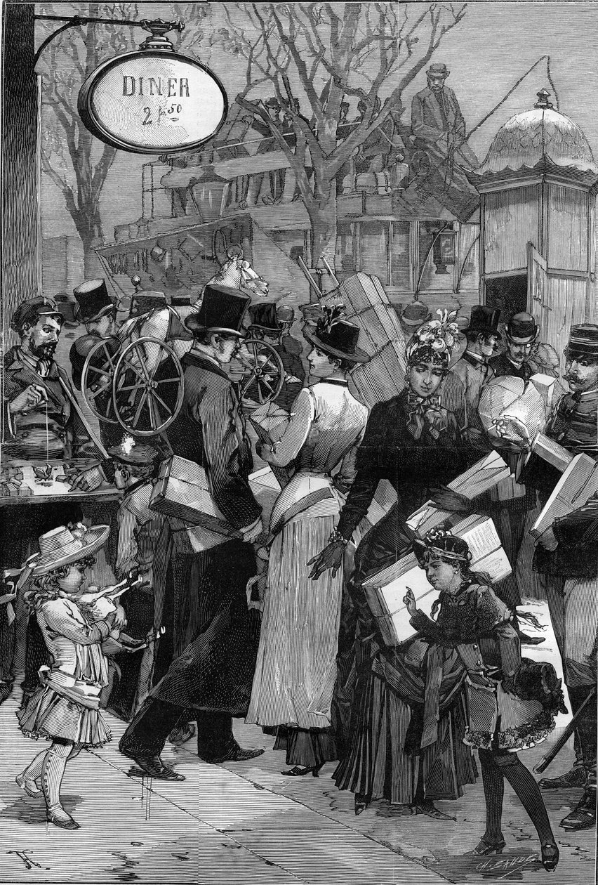 Pariisi: Pakettiviikko: Pariisilaiset ostavat joululahjoja ja ostavat leluja. Kaiverrus "" Le Monde Illustré" -kirjassa tekijältä Unknown artist