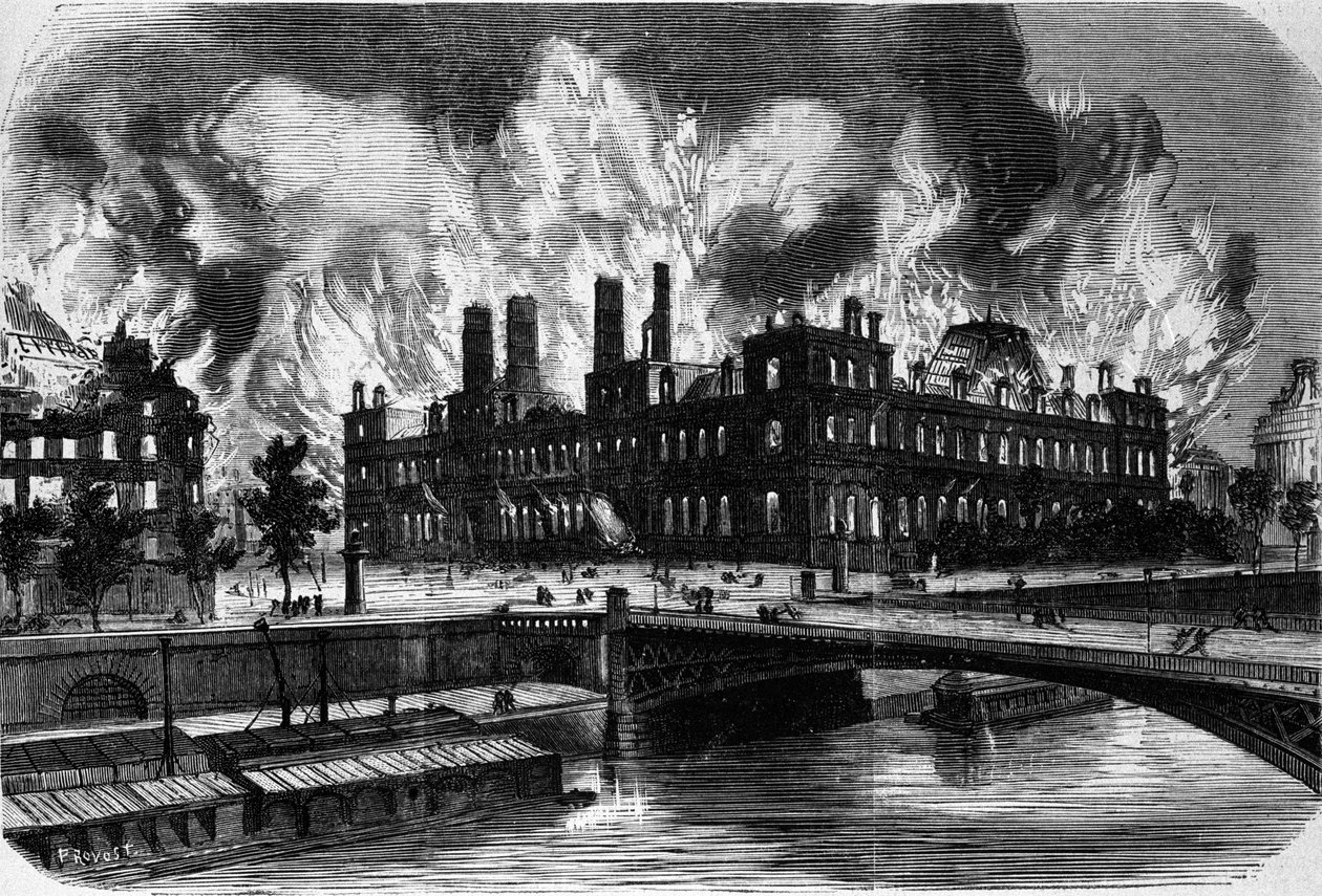 Pariisi, Kommuuni. Hotel de Villen tulipalo 24. toukokuuta 1871. Kaiverrus 1800-luvulta. tekijältä Unknown artist