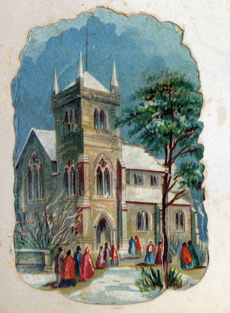 Seurakuntalaiset menossa kirkkoon sunnuntain messuun. Kromolitografia noin 1890. tekijältä Unknown artist