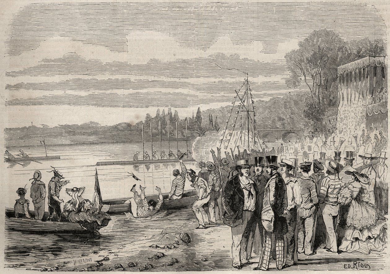 Pariisilaiset meloijat. Regates de Saint-Cloud (Saint Cloud) vuonna 1857. Kaiverrus "Le Monde illustrious"" vuodelta 1857. Yksityinen kokoelma. tekijältä Unknown artist