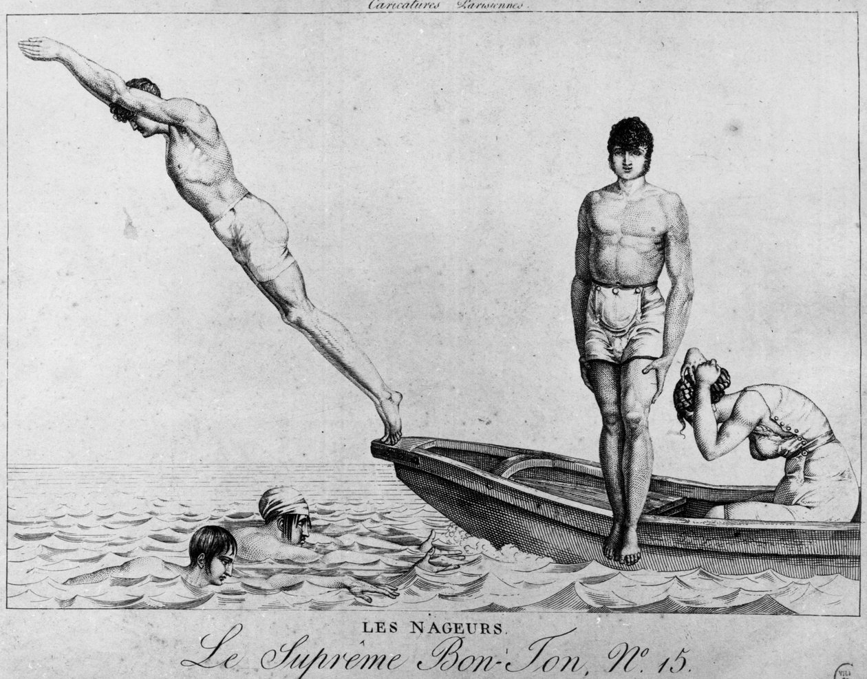 Pariisilainen sarjakuva: uimareita, miehet sukeltamassa veneestä - ylin Bon-Ton, nro 15, Musee Carnavalet tekijältä Unknown artist