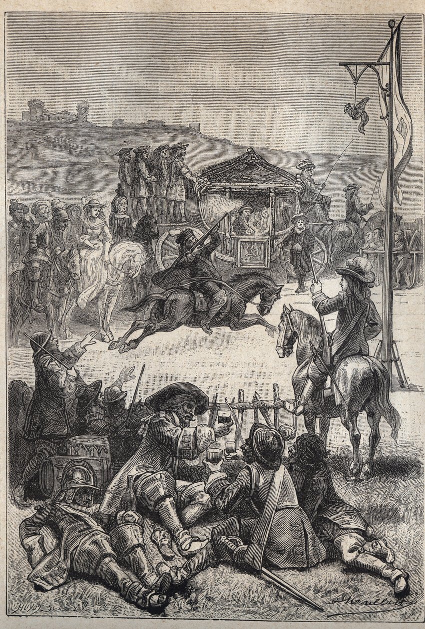 Parrot Shooting - 1800-luvun kuvitus Walter Scottin (1771-1832) historialliseen romaaniin "The Puritans of Scotland" (Old Mortality) tekijältä Unknown artist