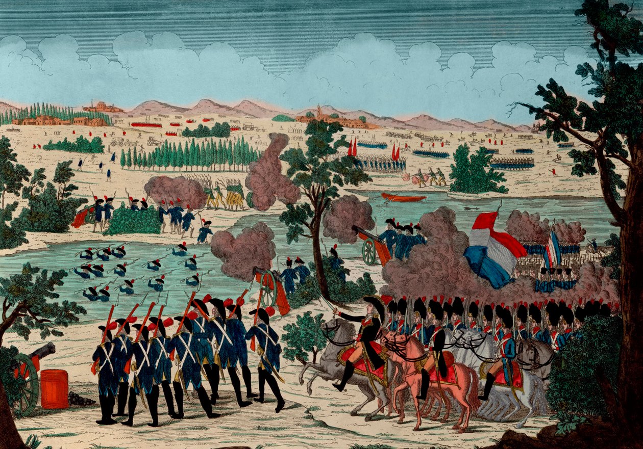 Mincion kulku 11. preeriavuonna IV (20. joulukuuta 1800) Ranskan Grenadiersin toimesta. Bonaparten kenraali en päällikön silmien alla - Kaiverrus - 1800 - Pozzolon taistelu (tunnetaan myös Mincio-joen taisteluna ja Monzambanon taisteluna) - Kulku o tekijältä Unknown artist