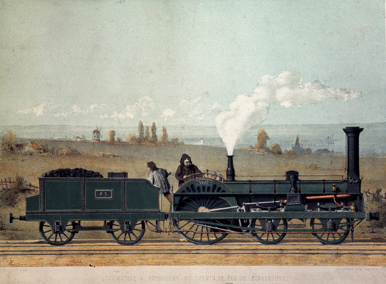 Strasbourgin rautatien matkustajaveturi ja hiilivaunu (Crampton-järjestelmä) tekijältä Unknown artist