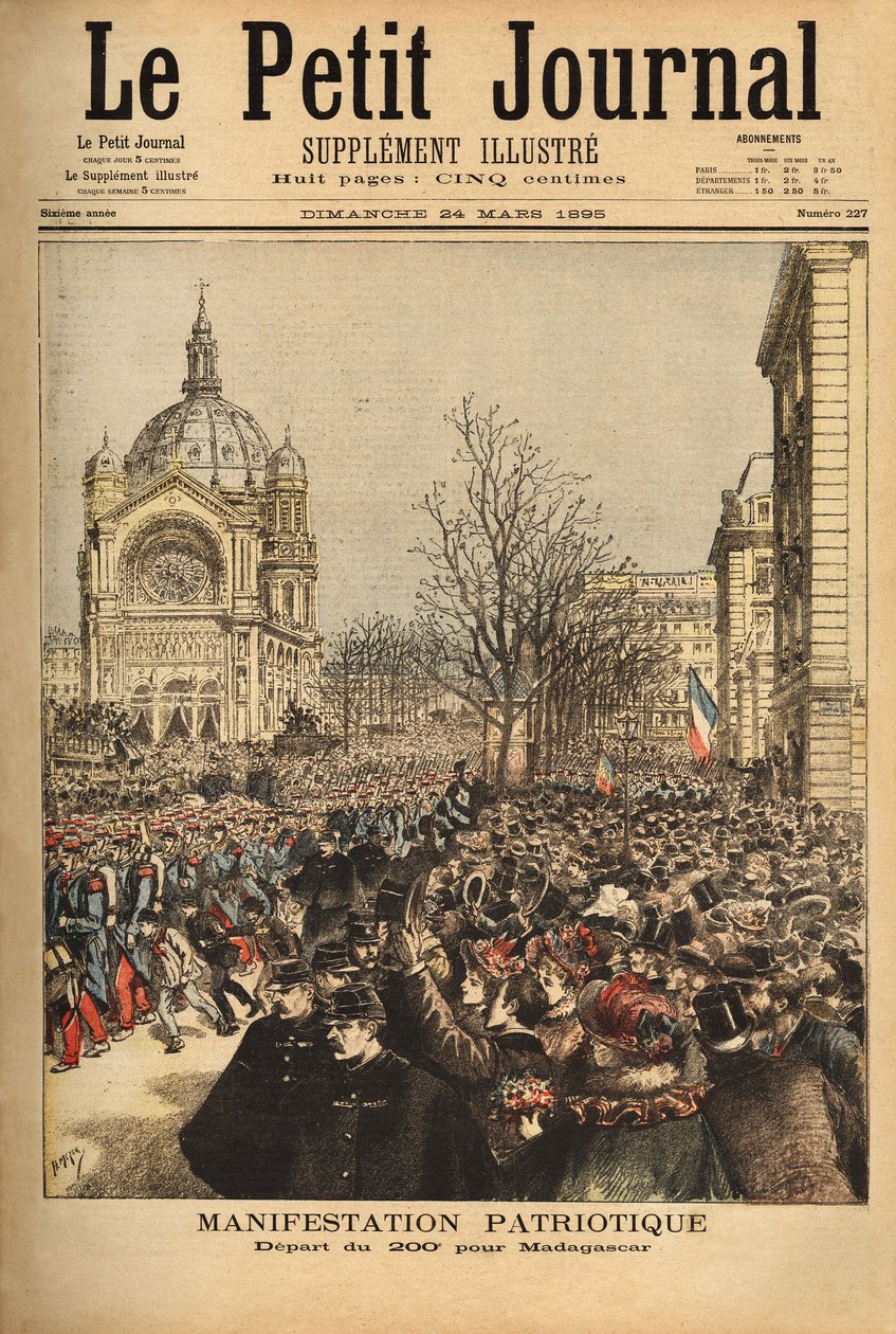 Isänmaallinen mielenosoitus Pariisissa Madagaskarin 200. rykmentin aloittamiseksi. Kaiverrus "" Le petit journal" -kirjaan 24/03/1895. Selvan kokoelma. tekijältä Unknown artist