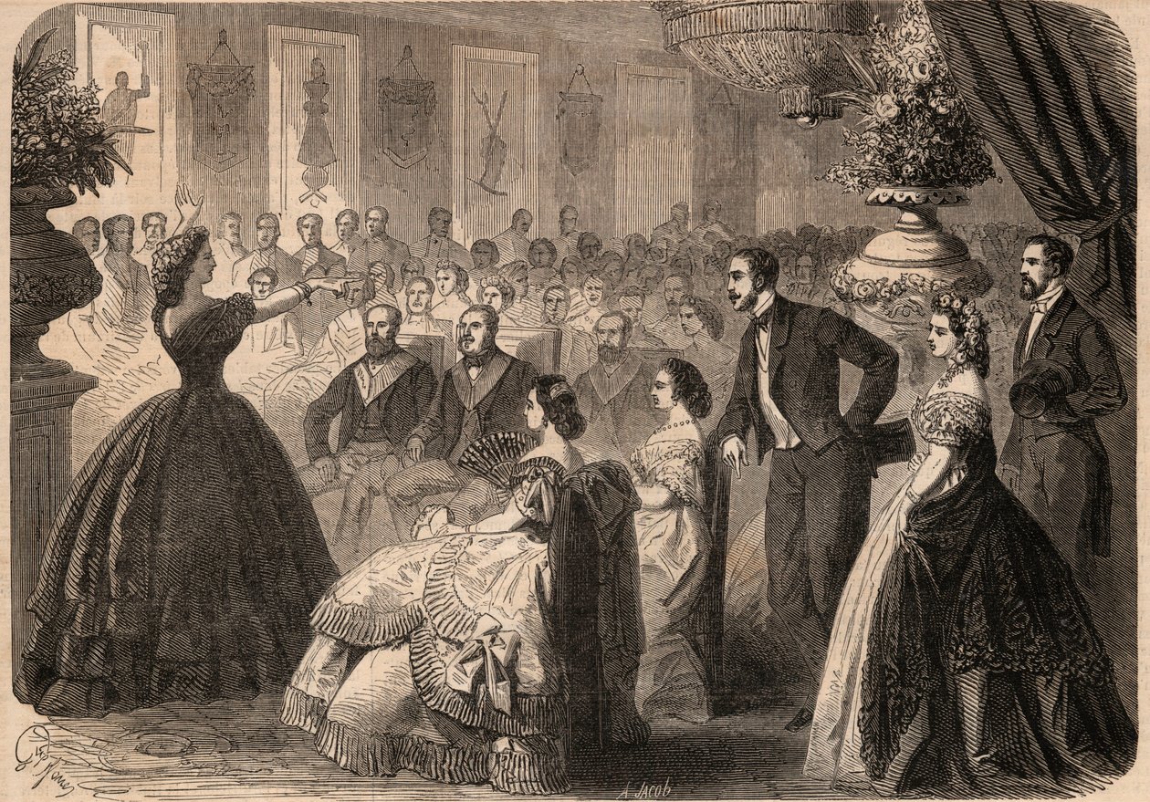 Pauline Viardot-Garcia (Viardot Garcia) (1821-1910), ranskalainen laulaja Maconnique Lodgen "La perseverante friendship" hyväntekeväisyysjuhlissa Pariisin Grand Orientissa. Kaiverrus "" Le Monde illustrious"" vuodelta 1862. Yksityinen kokoelma. tekijältä Unknown artist