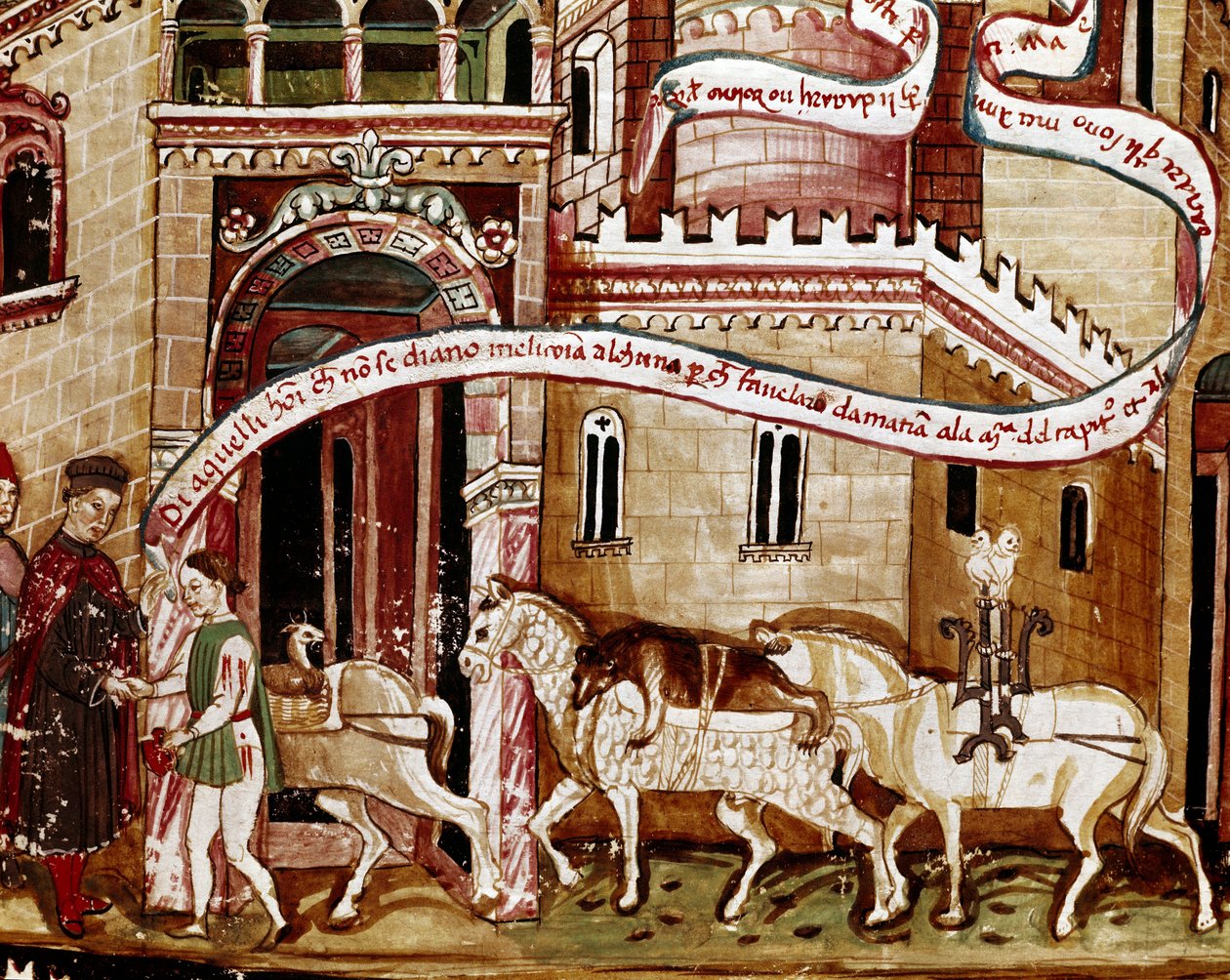 Suolaveron maksaminen kaupungin sisäänkäynnillä (gabelle) Miniatyyri käsikirjoituksesta (Ms. H V-5) "Codex de Privileges" tekijältä Unknown artist