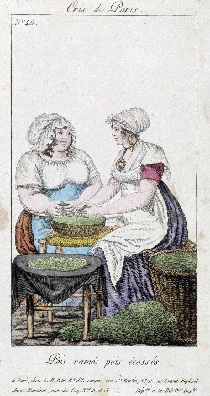 Hernekauppiaat: kaksi naista luopumassa herneistä. "" Riviherneet, skotlantilaiset herneet" - "" Cris de Paris "", deb. 1800-luvulla tekijältä Unknown artist