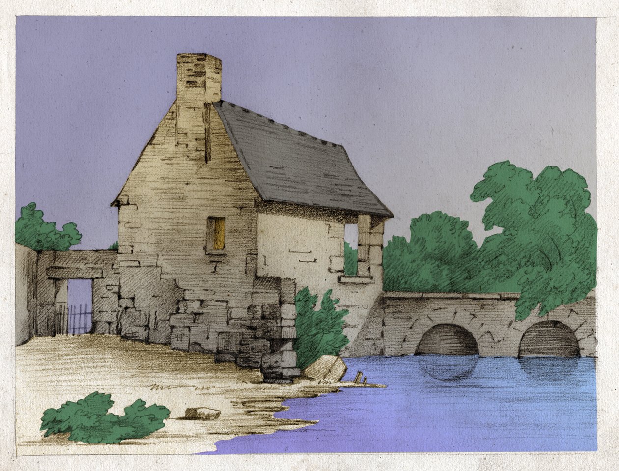 Talonpoikatalo joen rannalla. (Piirustus, noin 1830) tekijältä Unknown artist