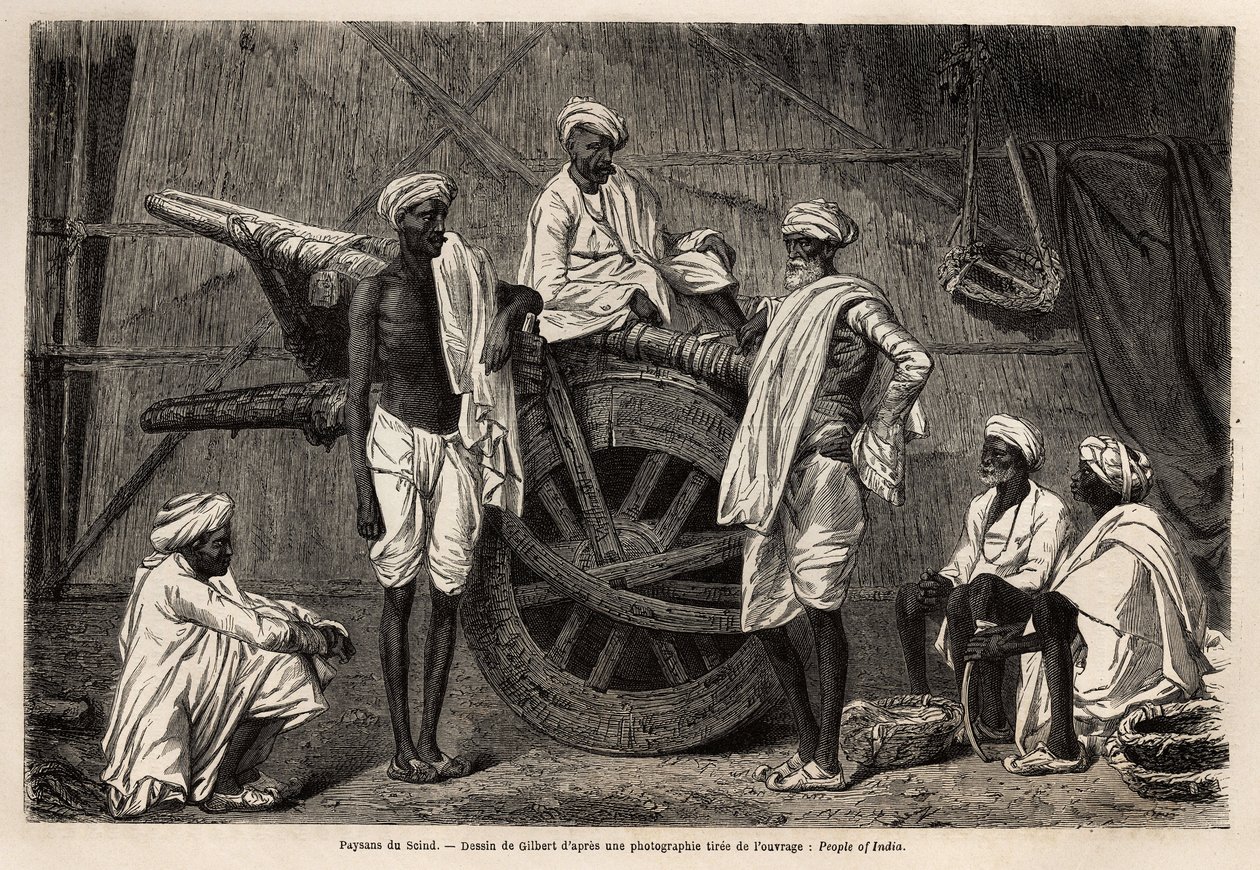 Talonpojat Scindistä (Punjabin alue, Intia) maatalouskoneidensa vieressä. Kaiverrus havainnollistamaan matkaa Pandjabiin ja Kashmiriin, Guillaume Lejeanin tarina vuonna 1866, julkaistu "Le tour du monde, nouveau journal des voyages" -lehdessä ohjeiden alla tekijältä Unknown artist