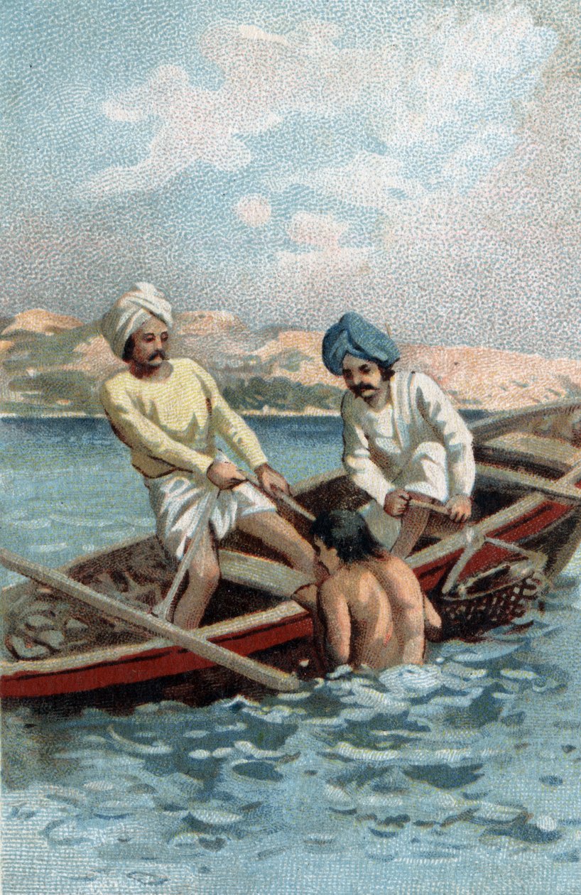 Pecheurs of helmiostereita Ceylonissa. 1800-luvun lopun kromolitografia. tekijältä Unknown artist