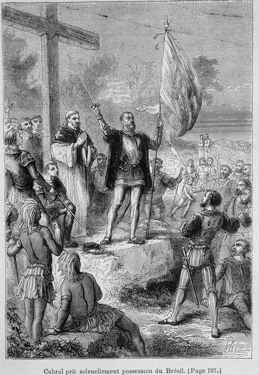 Pedro Alvarez Cabral, portugalilainen merenkulkija (1460-1526) ottaa haltuunsa Brasilian, jota hän kutsui Terra de Santa Cruziksi, noin 1500. Kaiverrus 1800-luvulta. tekijältä Unknown artist