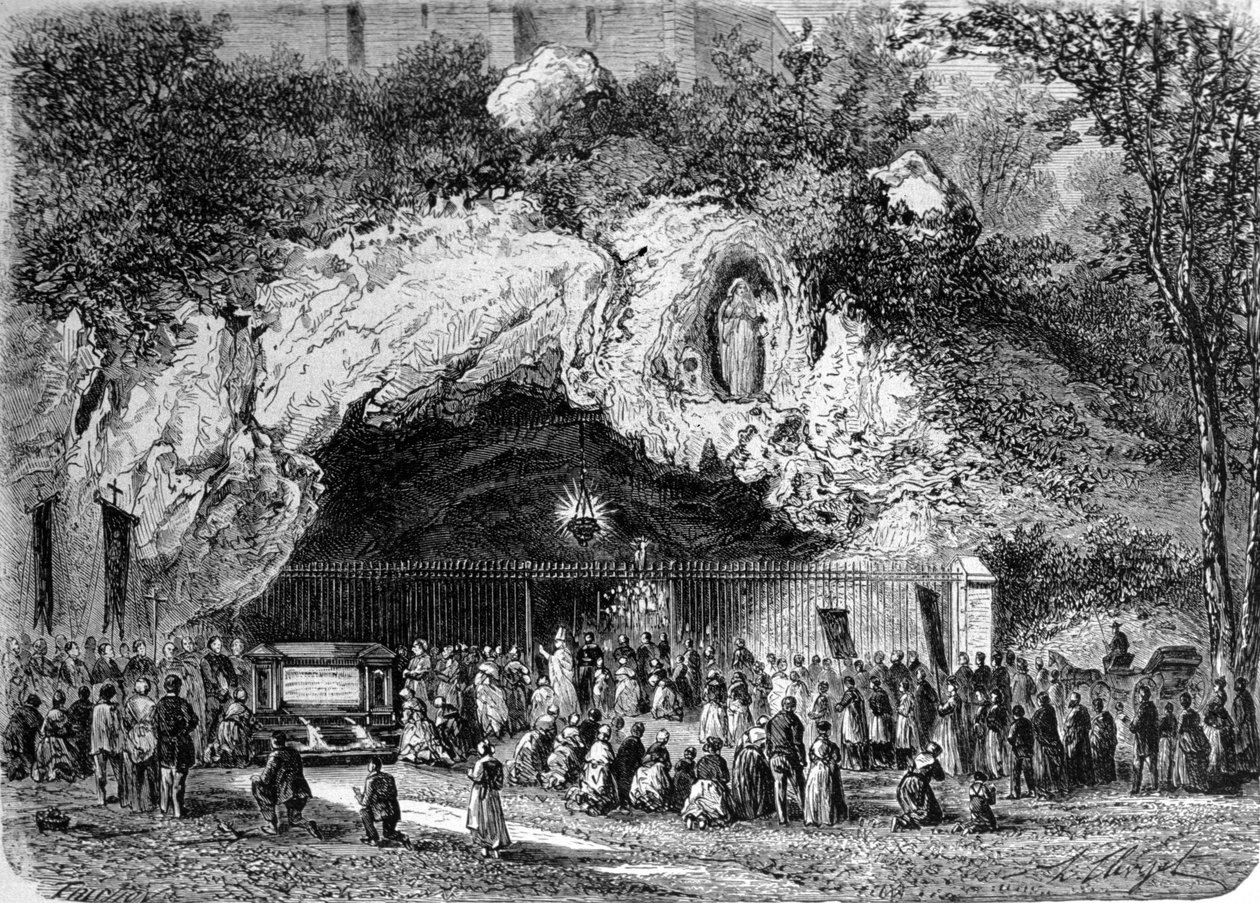 Peleriinit Lourdesin ihmeluolan edessä Korkealla Pyreneillä, missä Neitsyt ilmestyi Bernadette Soubirousille (1844-1879) vuonna 1858, nykyinen pyhiinvaelluspaikka. Kaiverrus 1800-luvulta tekijältä Unknown artist