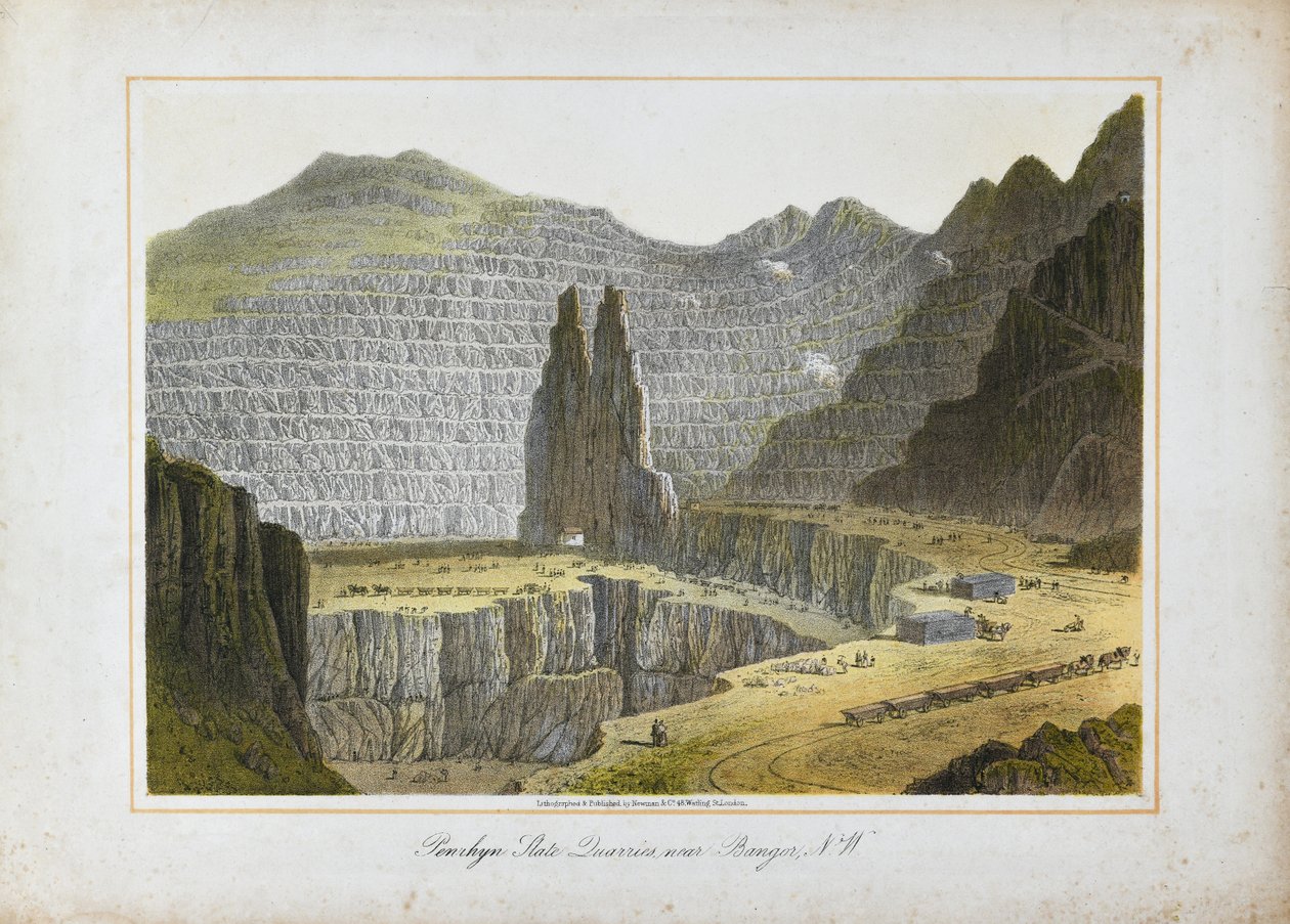 Penrhyn Slate Quarries, lähellä Bangoria, Pohjois-Wales (käsin värillinen litografia paperille). tekijältä Unknown artist