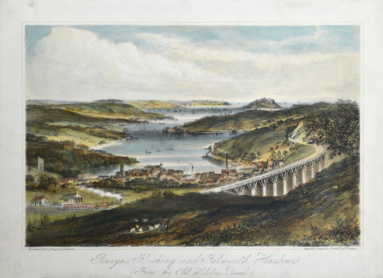 Penryn, Flushing ja Falmouth Harbors (Old Helton Roadilta), n. 1860-80 (värillinen lito paperilla) tekijältä Unknown artist