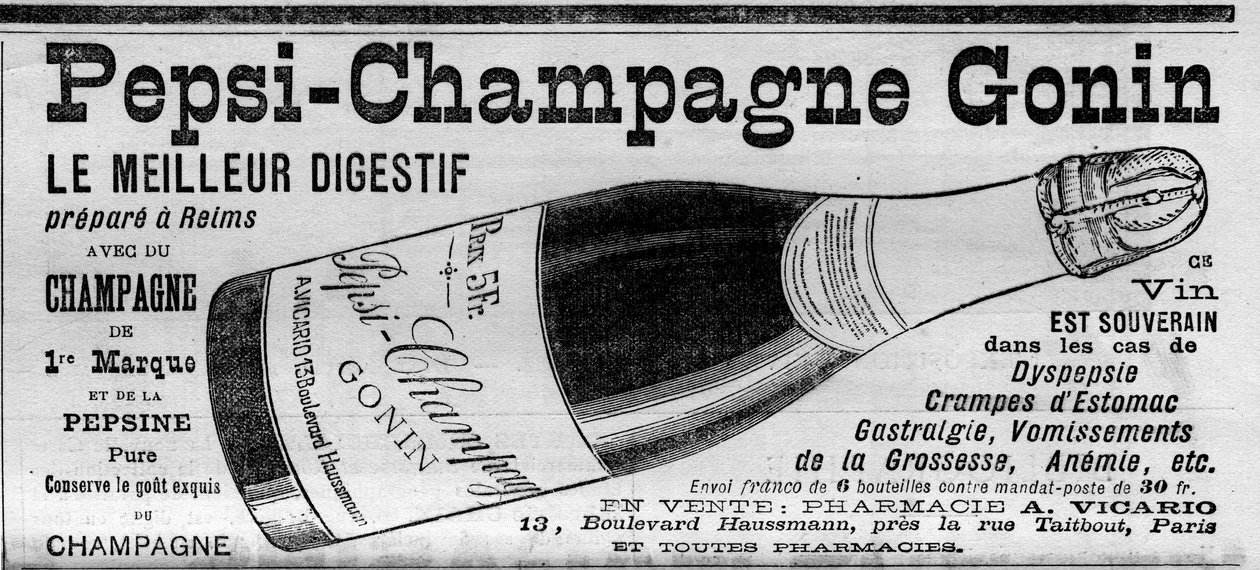 Pepsi Champagne Gonin (Pepsi-Champagne Gonin-brändiltä). Digestif valmistaa Reimsissä samppanjan ja pepsiinin kanssa. Alkoholi neuvoo dyspepsia, vatsakrampit, gastralgia, raskauden oksentelu, anemia...(myydään apteekeissa). Kaiverrus kirjaimeen "" tekijältä Unknown artist
