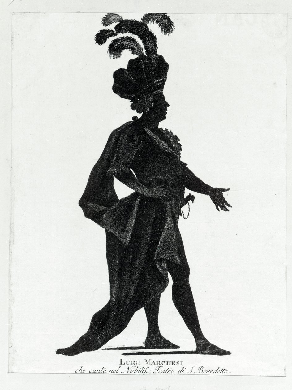 Italian kastraatti Luigi Marchesin (1754 - 1829), joka tunnetaan myös nimellä Marchesini, esitys San Benedetton teatterissa. tekijältä Unknown artist