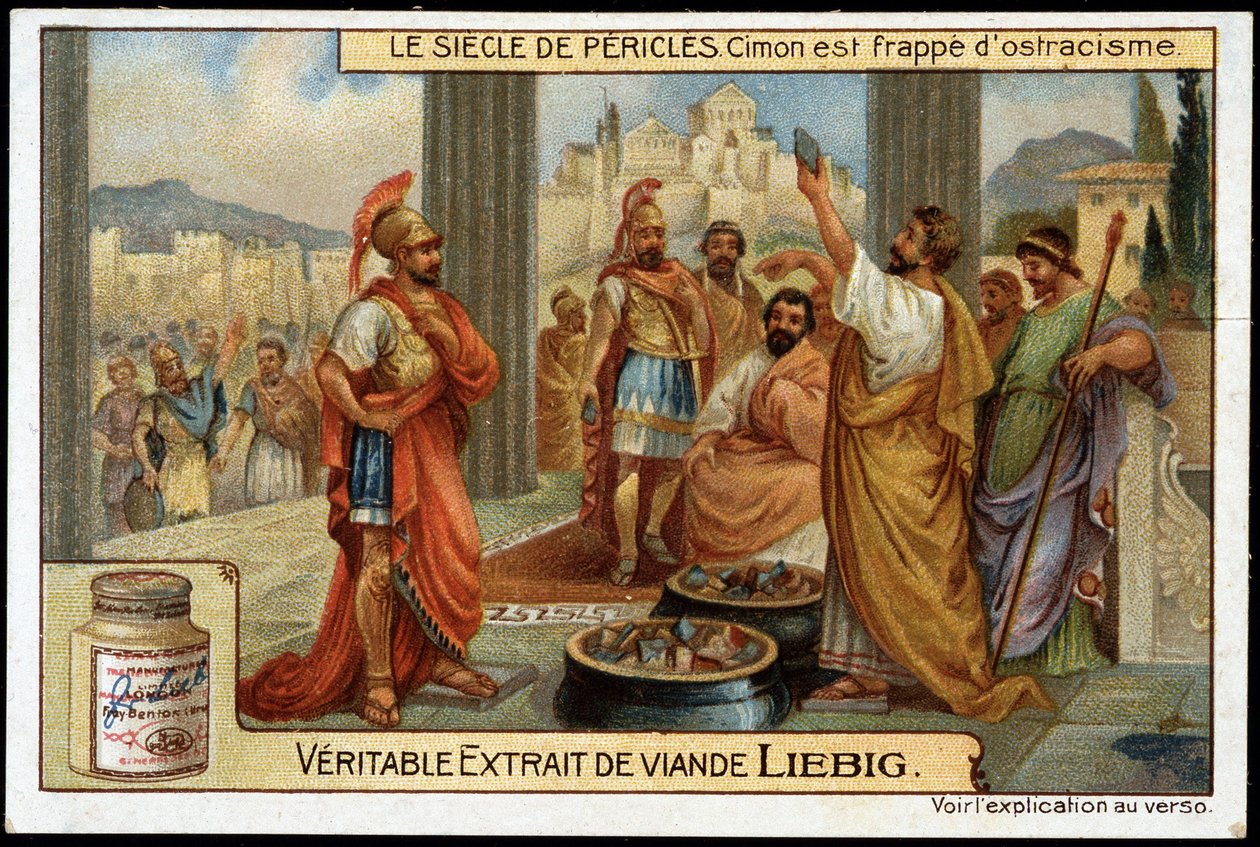 Perikleksen vuosisata (495-429 eKr.): valtiomies ja strategia Cimon (510-449 eKr.) on tyrmistynyt, vuonna 461 eKr. - Liebig-kromolitografia tekijältä Unknown artist