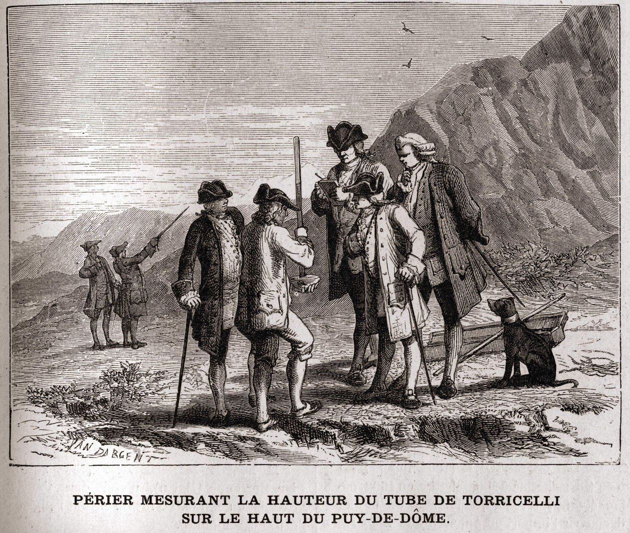 Perrier, joka mittaa Barometrin (elohopeaputken) korkeutta Puy-de-Dômen huipulla 20. syyskuuta 1618, Evangelista Torricelli tai Torricelli, kaiverrus 1800-luku, Bianchetti-kokoelma. tekijältä Unknown artist