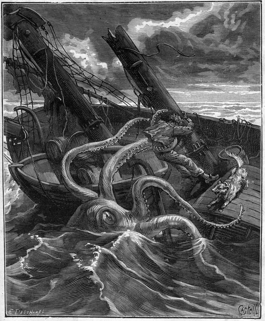 Narcissus Nicaisen vaaralliset seikkailut Kongossa - kirjoittanut Armand Dubarry 1836 -1910 - hänellä oli edessään valtava merihirviö (Giant octopus) (Giant octopus) - kaiverrus Journal des voyage de 1881 - tekijältä Unknown artist