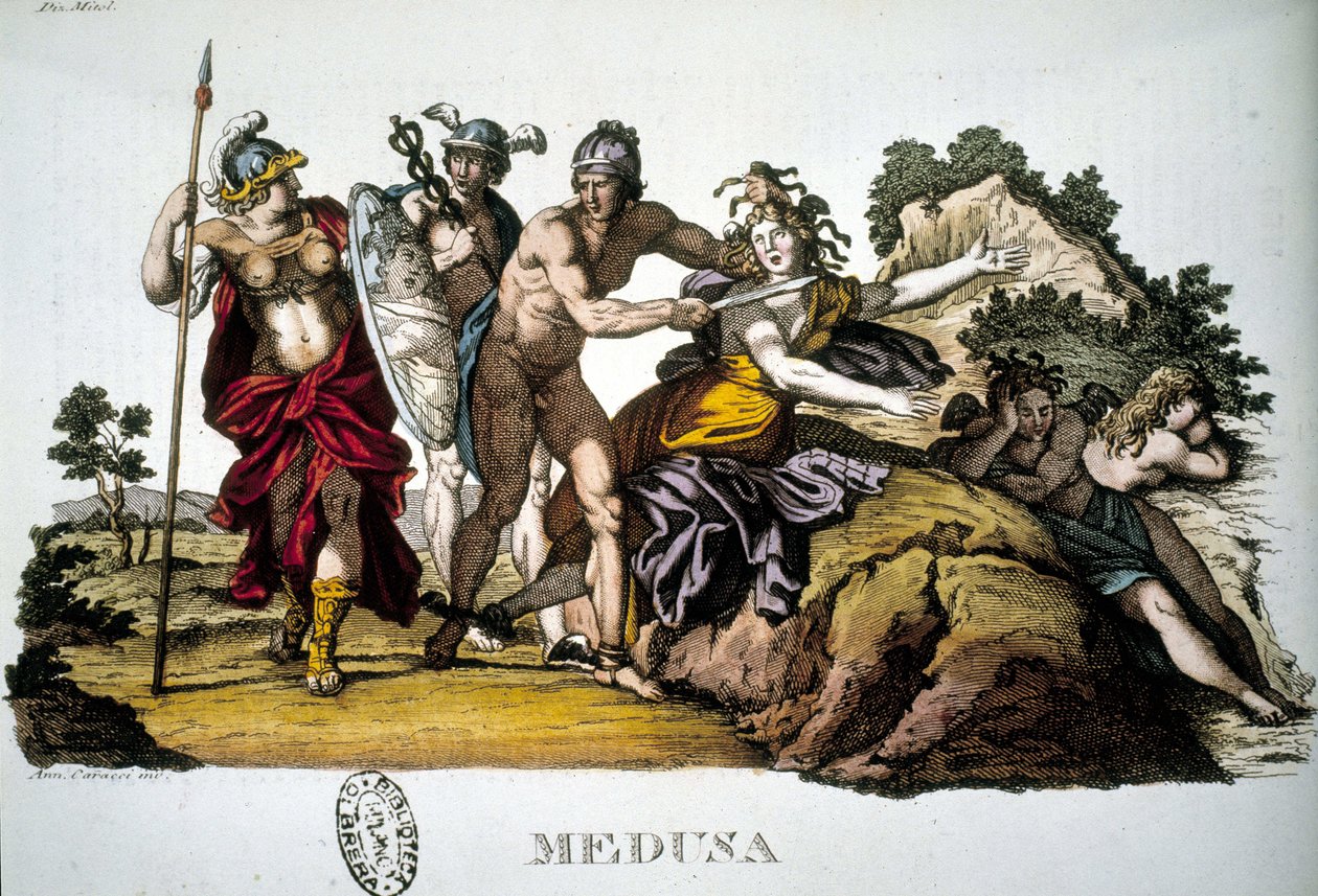 Perseus ja Medusa, yksi kolmesta Gorgonesta - mytologisessa sanakirjassa tekijältä Unknown artist