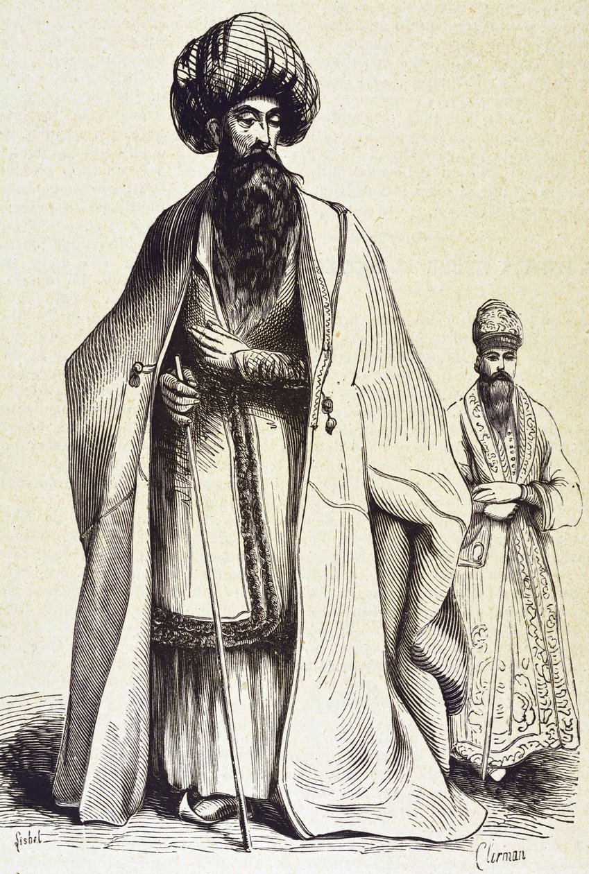Persia (19. vuosisata). Mollach ja juontaja. Kaiverrus. Yksityiskokoelma tekijältä Unknown artist