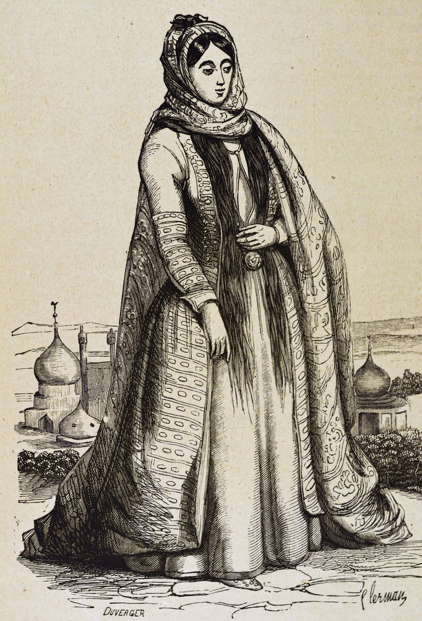 Persia (19. vuosisata). Yhteiskunta. Persialainen nainen. Kaiverrus. Yksityiskokoelma tekijältä Unknown artist