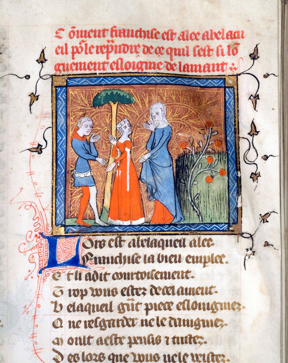 ""Keskusteluhenkilöt"" Valaistu sivu Guillaume de Lorrisin (noin 1200-1238) ja Jean de Meunin (Meung) (1240-1305) käsikirjoituksesta "Le Roman de la Rose" noin 1365 Chicagon yliopiston kirjaston osavaltioissa United tekijältä Unknown artist