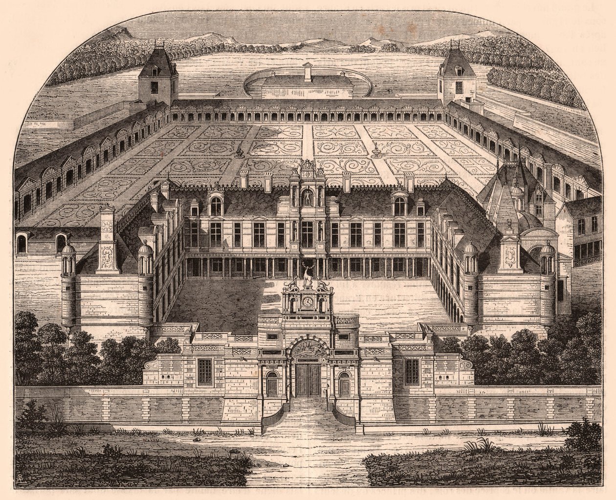 Perspektiivinäkymä Chateau dAnetista (Eure-et-Loir, Ranska), renessanssin aikakausi tekijältä Unknown