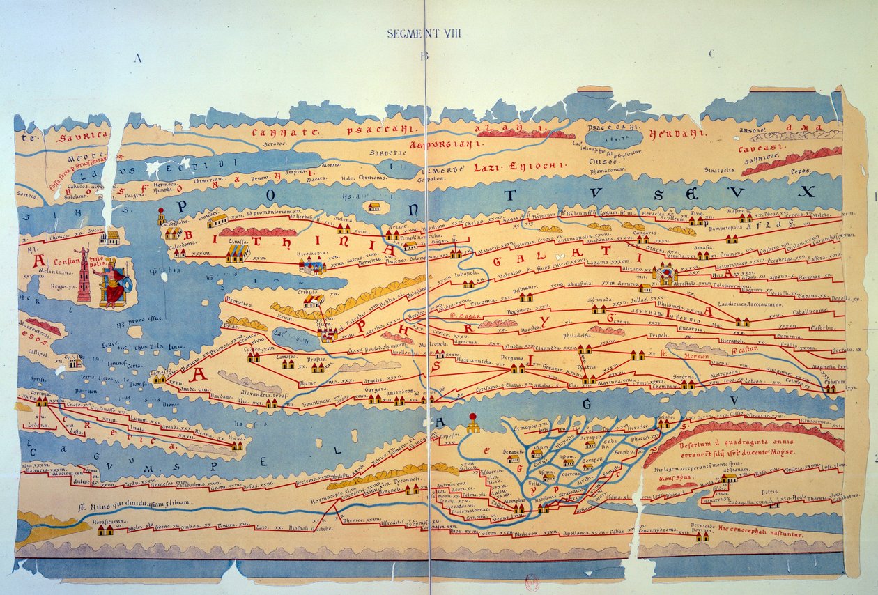 Peutinger-pöytä, joka edustaa roomalaisia tapoja Egyptissä ja Turkissa. 1200-luvun tiekartta, joka perustuu 3. vuosisadan Rooman valtakunnan karttaan. Pariisi, BN. tekijältä Unknown artist