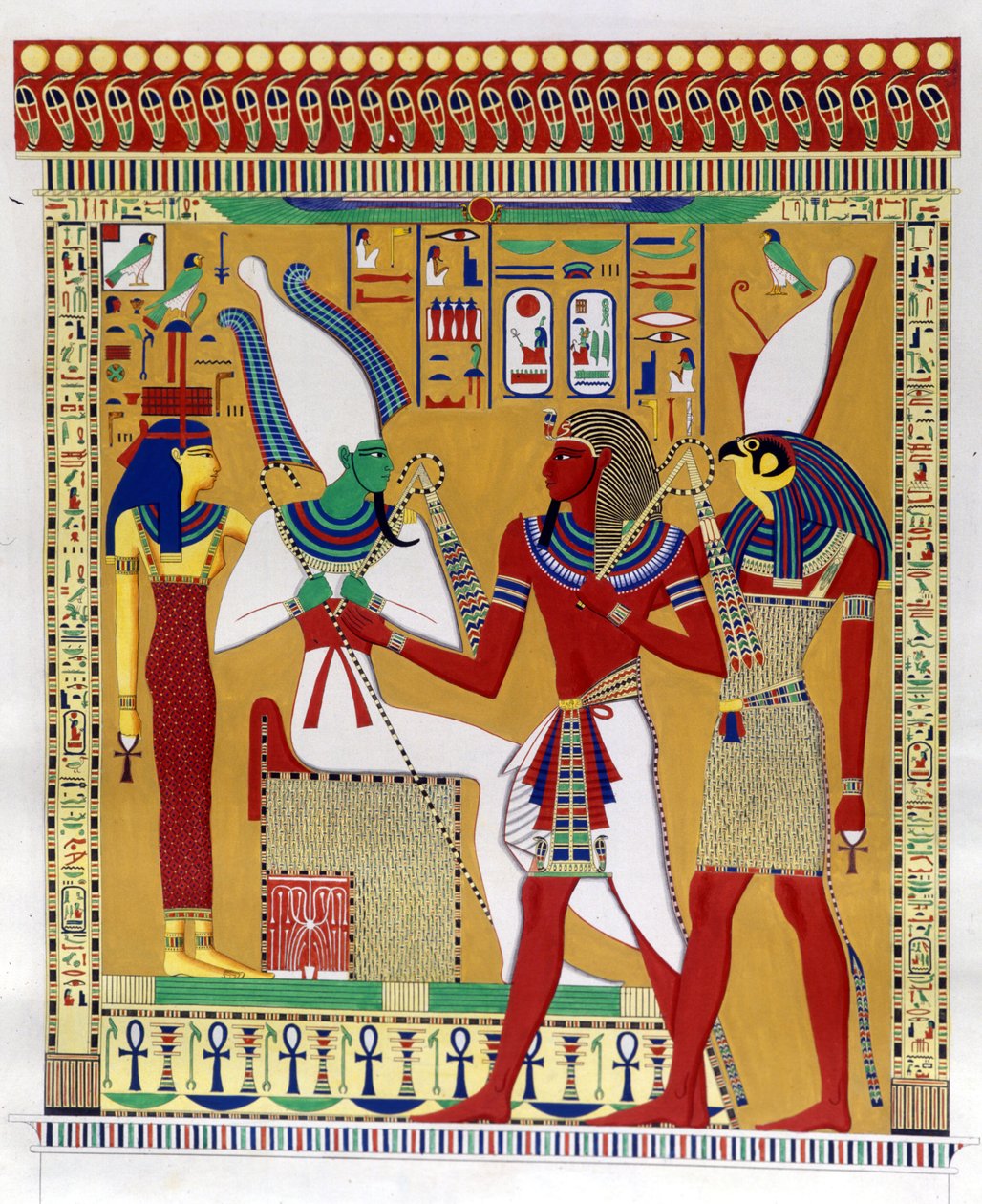 Farao Merenptah 1. (tai Mineptah, Merneptah) (1213-1204 eKr.) Horuksen ohjaamana Osirisin ja Athyrin helvetin läsnäollessa. Vasemmalta: Athyr, Osiris, Merenptah I ja Horus. (Biban-el-Moluk) - Ippolito Roselin "" Egyptin ja Ylä-Nubian muistomerkit"" tekijältä Unknown artist