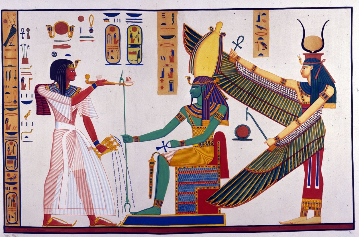 Farao Ramses IV tekee tarjouksia Ptah-Sokari-Osirisille. Osirisin takana on Isis. (Bibah-el-Molukin hauta) - Ippolito Rosellini (Rossellini) "" Egyptin ja Ylä-Nubian muistomerkit" -osassa. tekijältä Unknown artist