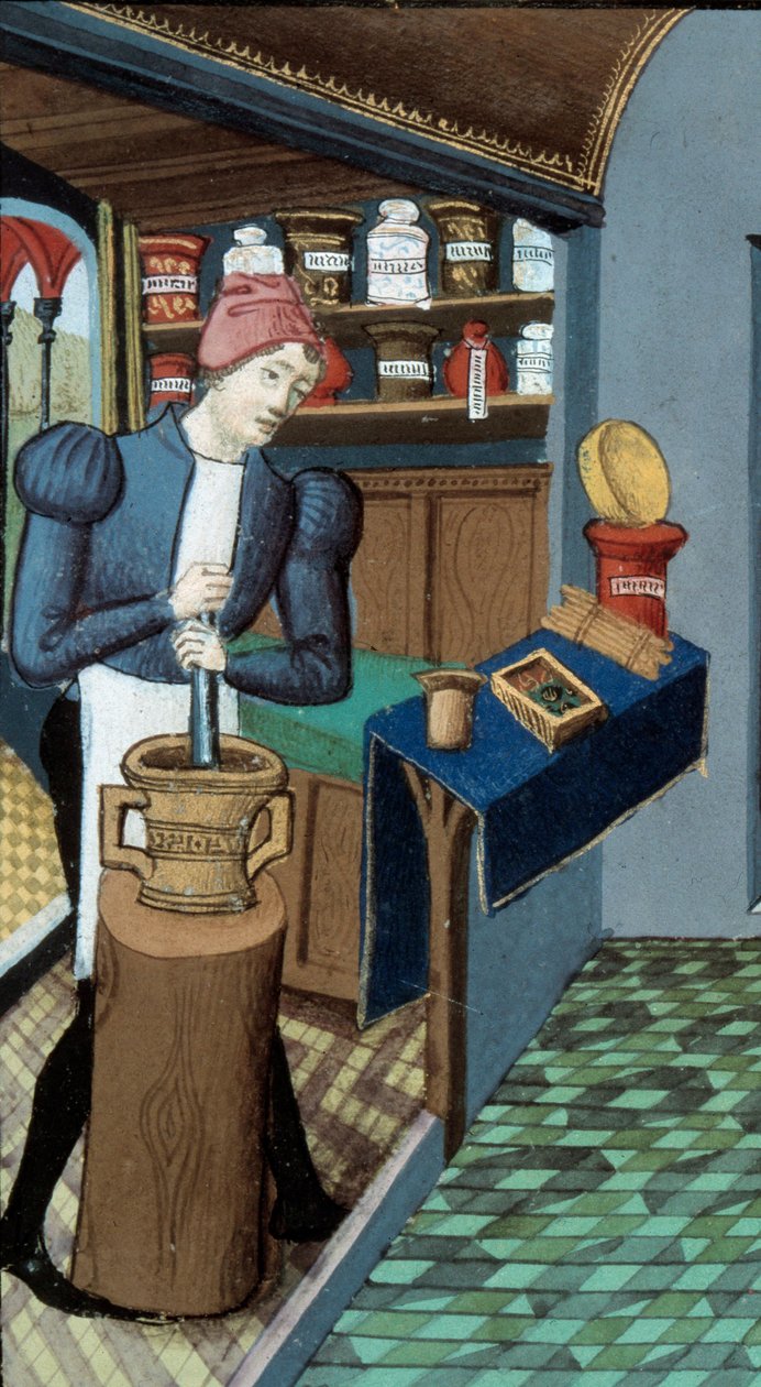 Apteekki: "" Apteekkari, kasvien poimiminen ja lääkkeiden valmistus"""" yksityiskohta miniatyyrestä otettu Bernard de Gordonin (ms. lat. 6966 fol. 154 v.) "" L