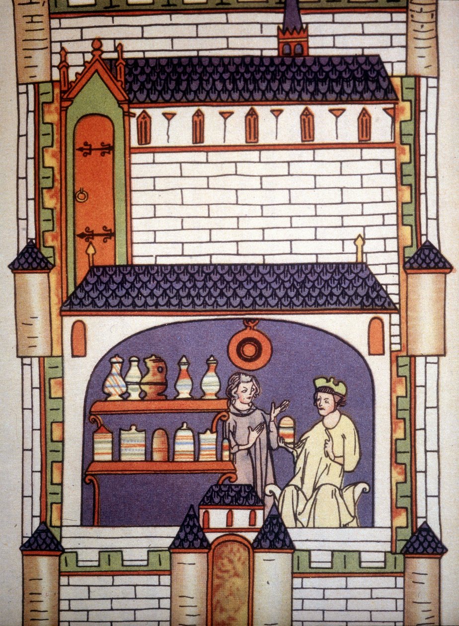 Apteekki luostarissa 1200-luvulla - Ruggero di Salernon "kirurgiassa". tekijältä Unknown artist