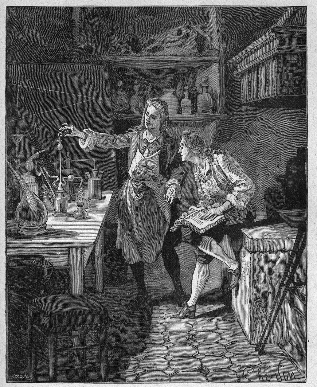 Philip II Orleansin herttua (1674-1723) tekee kemiaa Humbertin kanssa. Kaiverrus 1800-luvulta. Jules Micheletin teoksessa "Histoire de France". tekijältä Unknown artist
