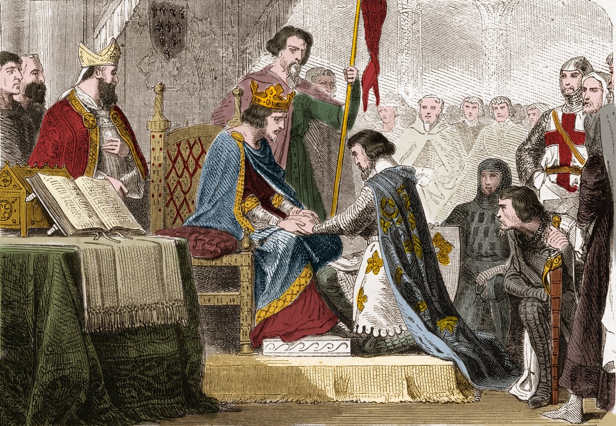 Philip IV Bel (1268 - 1314), Ranskan kuningas antoi tyttärensä Isabellan Ranskan (1295-1358) vuonna 1308 naimisiin Englannin kuninkaan Edward II:n (1284-1327) pojan kanssa. Kaiverrus Histoire De Francessa En Cent Paintings, Paul Lehugeur “” 1891. tekijältä Unknown artist