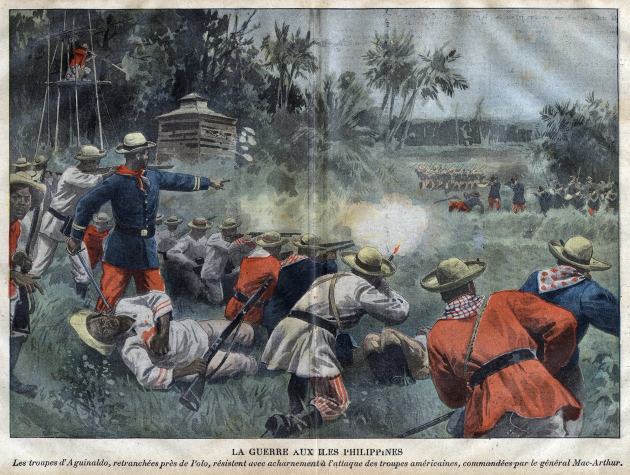 Filippiinien Amerikan sota - Amerikan ja Filippiinien sota (Philippine Americano) - Emilio Aguinaldon joukot, jotka erotettiin Polon lähellä, vastustavat kiivaasti kenraali Mac-Arthurin komentamien amerikkalaisten joukkojen hyökkäystä - kaiverrus "Le-Peler tekijältä Unknown artist