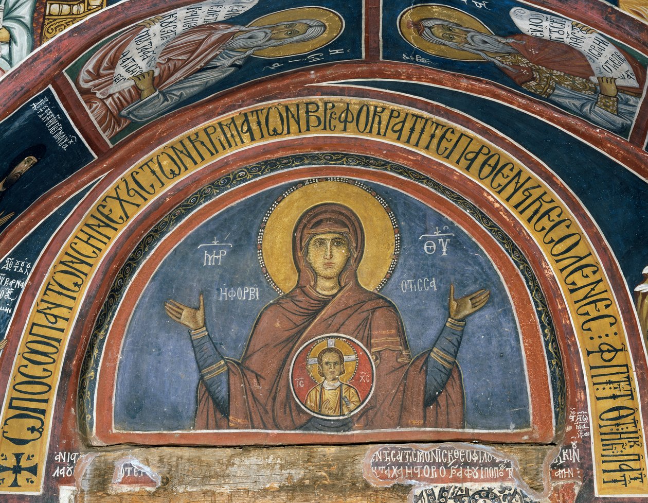 Phorbiotissa Panagia, Kristuksen Neitsyt Neitsyt Medaljonissa, fresko (1332-1333), Bysanttilainen Asinoun Neitsyt Marian kirkko (1100-luku) (Unescon maailmanperintöluettelo, 2001), Troodosvuoret, Kypros tekijältä Unknown artist