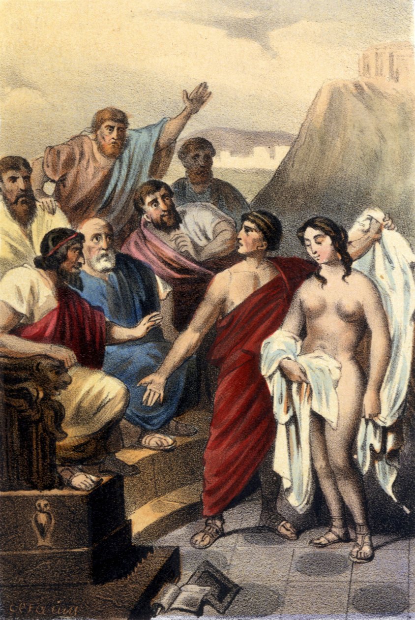 Phryne (kreikkalainen kurtisaani) Ateenan tuomareiden edessä. tekijältä Unknown artist