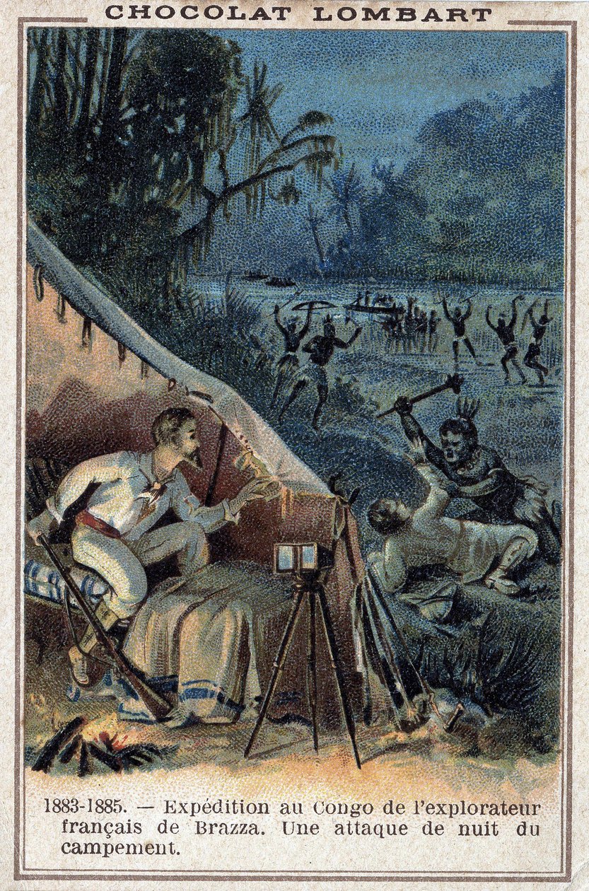 Pierre Savorgnan de Brazza (1852-1905), ranskalainen tutkimusmatkailija Kongon rannoilla. Leirin yöhyökkäys. tekijältä Unknown artist