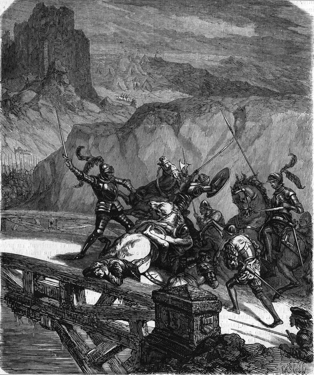 Pierre Terrail, Bayardin herra, puolustamassa Gariglianon siltaa (Italia) vuonna 1503. Kaiverrus 1800-luvulta. tekijältä Unknown artist