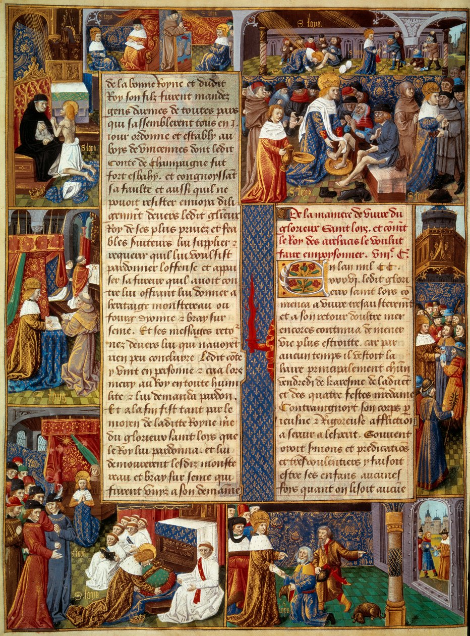 Piete-kohtaus: "" Kuningas Ludvig IX (1214-1270) (Pyhä Louis) pesee köyhien jalkoja, kuningas rukoilee ja kohtauksia kristillisestä rakkaudesta kuninkaalta"" Miniatyyri käsikirjoituksesta "" Monsignor Saintin tosiasioiden kirja Louis”” 1400-luku. Paris, B. tekijältä Unknown artist