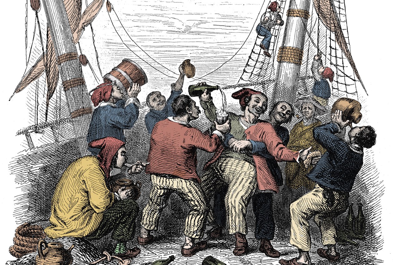 Merirosvot juhlivat rikkaan saaliin vangitsemista vihollisen aluksen hyökkäyksen jälkeen. Kaiverrus 1800-luvulta tekijältä Unknown artist