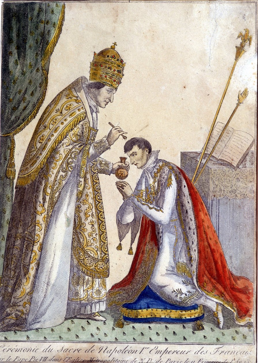 Pius VII (Pius tai Pio) (1742-1823) voiteli Napoleon I:n Ranskan keisarin kruunauksen yhteydessä 2. joulukuuta 1804 Notre Dame de Parisissa - 1800-luvun kaiverrus tekijältä Unknown artist